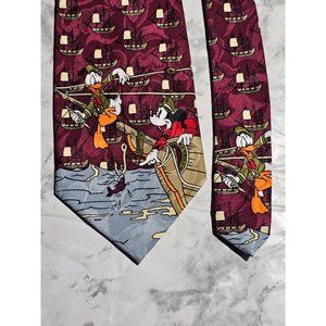 Vintage Mickey Unlimited Burgundy Tie With Mickey And Donald Fishing 58.75" Long